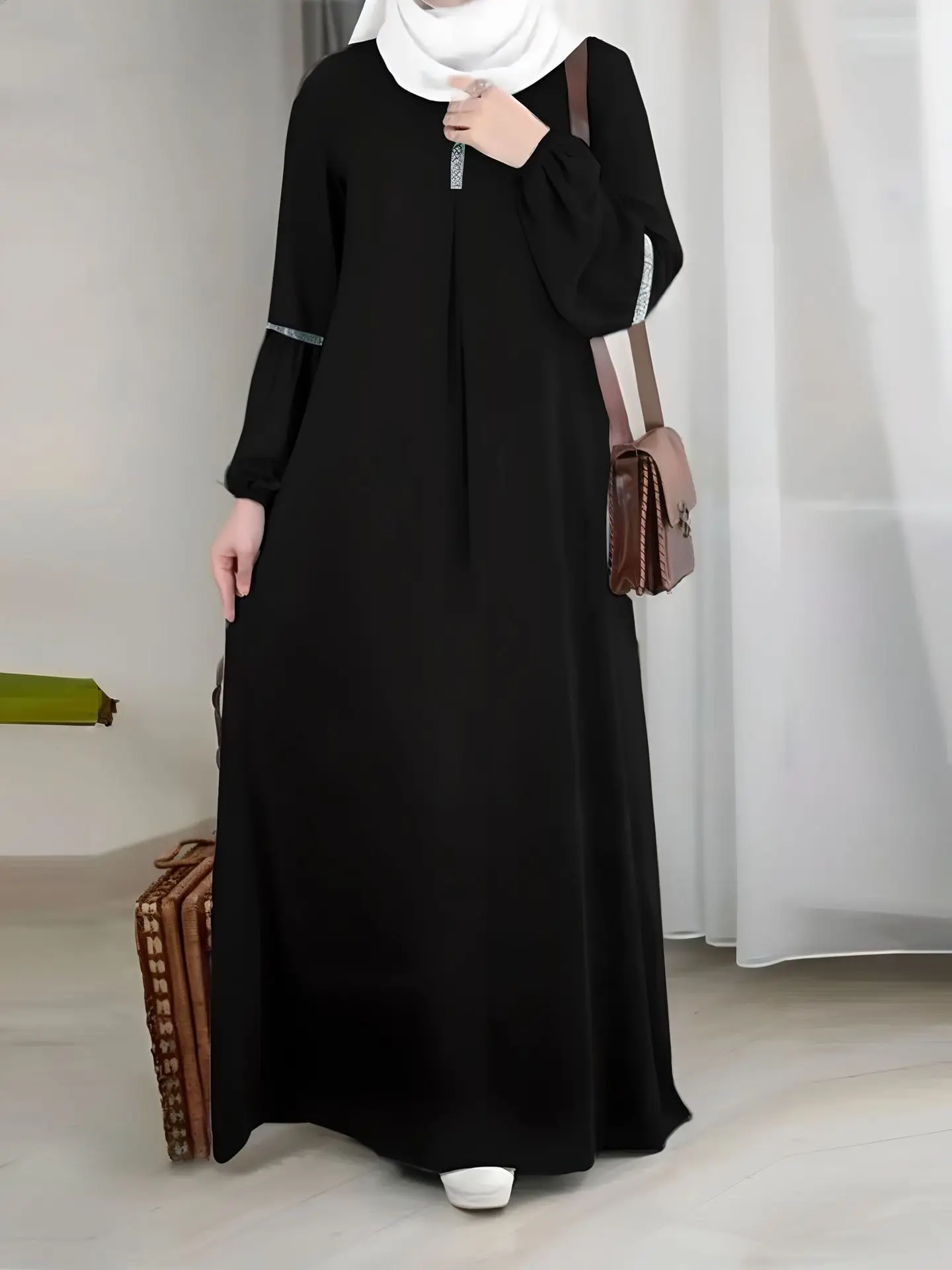 Modest Abaya Dress – Long Sleeve with Silver Trim Detail (Women’s Islamic Clothing)