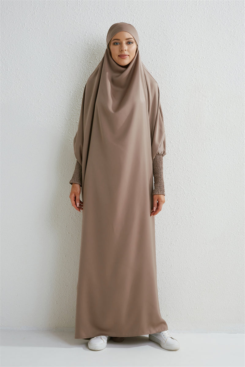 Hooded Abaya – Smocked Sleeve One-Piece Prayer Dress for Muslim Women