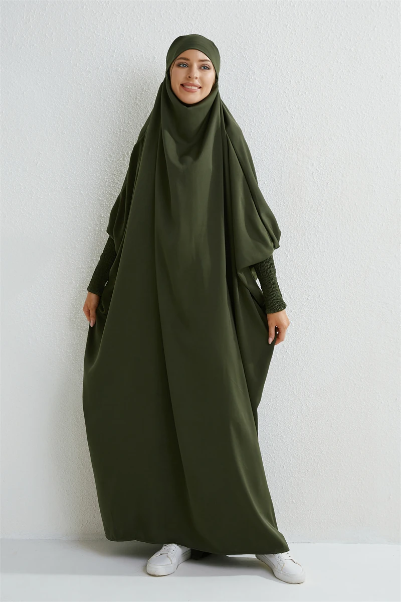 Hooded Abaya – Smocked Sleeve One-Piece Prayer Dress for Muslim Women