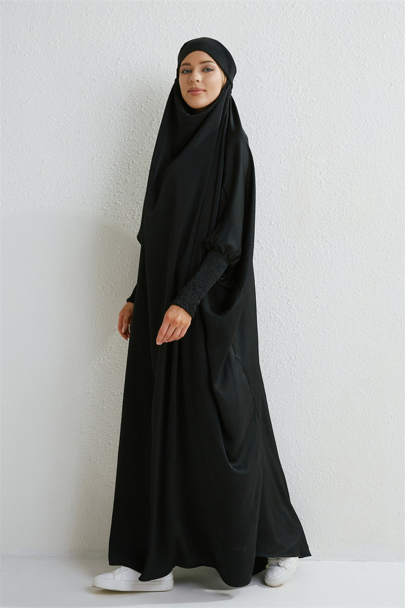 Hooded Abaya – Smocked Sleeve One-Piece Prayer Dress for Muslim Women