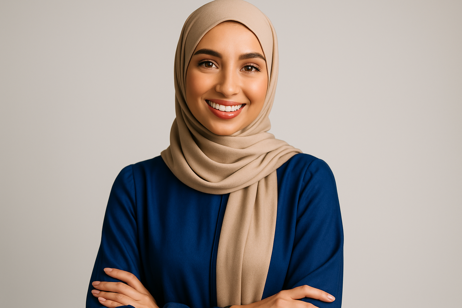 Professional portrait of a smiling Muslim female model in colorful clothing