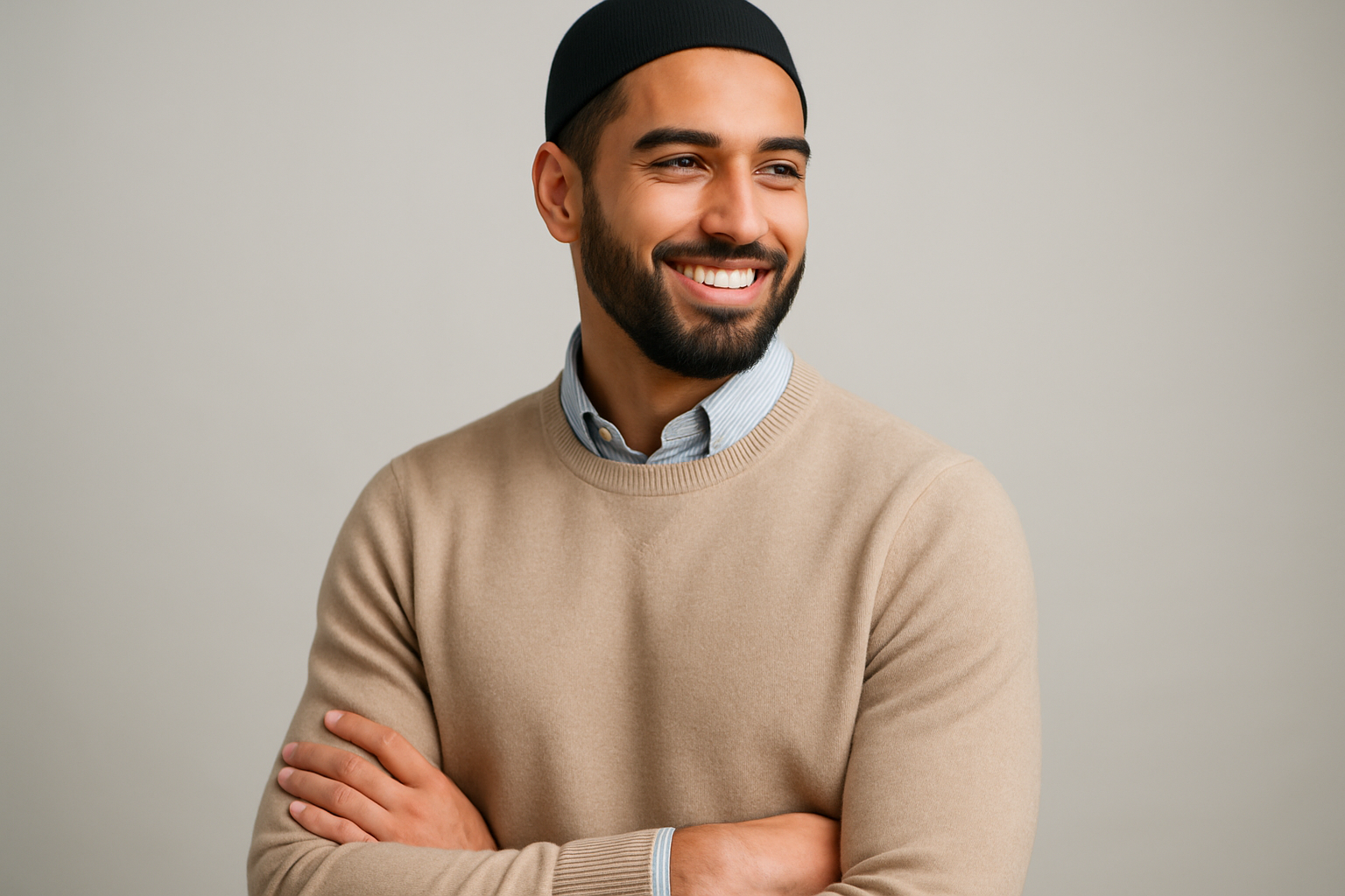 Smiling Muslim male model showcasing apparel