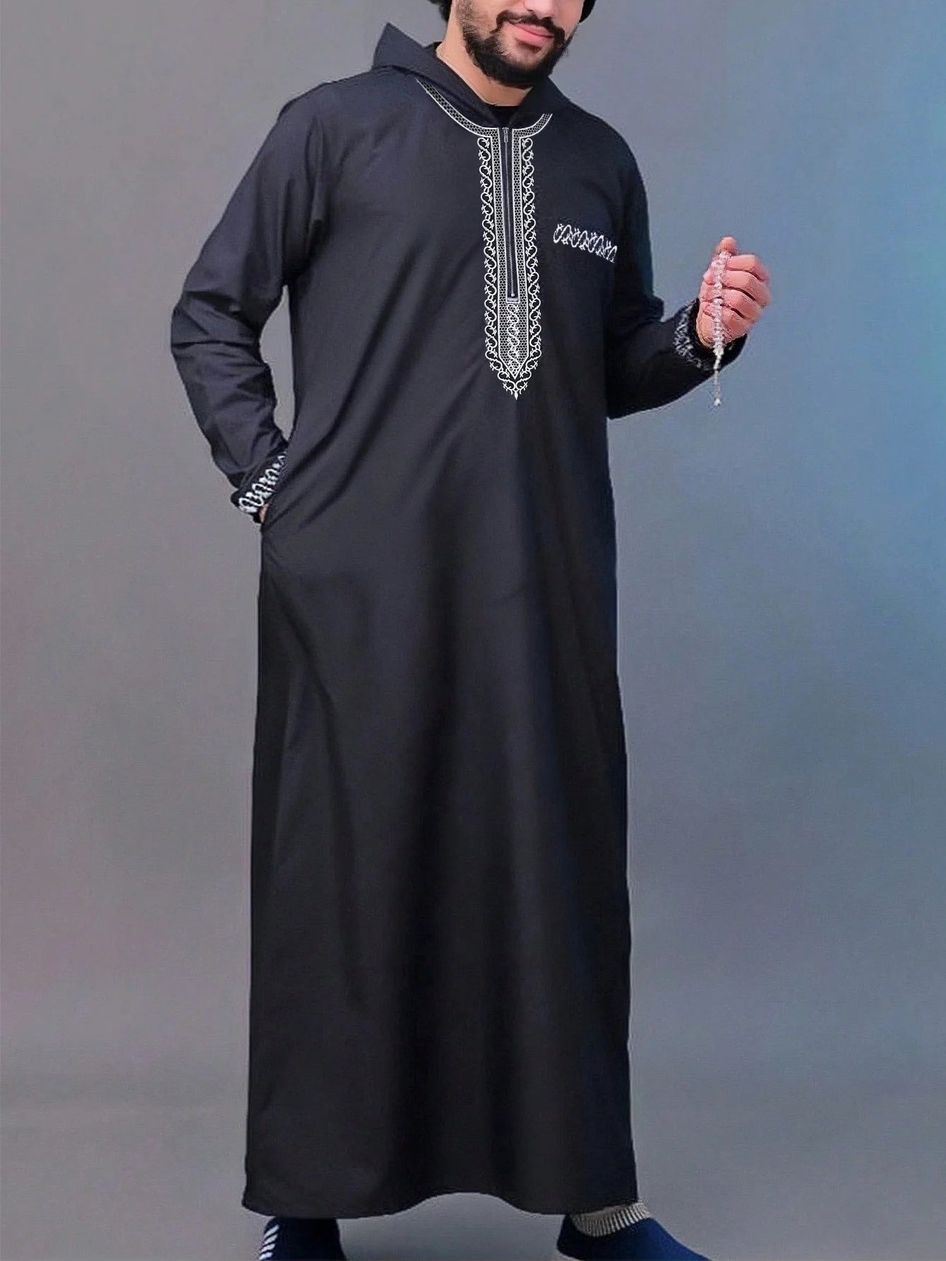 Moroccan Hooded Robe Luxury Men'S Embroidered Long Sleeve Side Pocket Muslim Garment Abaya Middle East Juba Thobe Robe