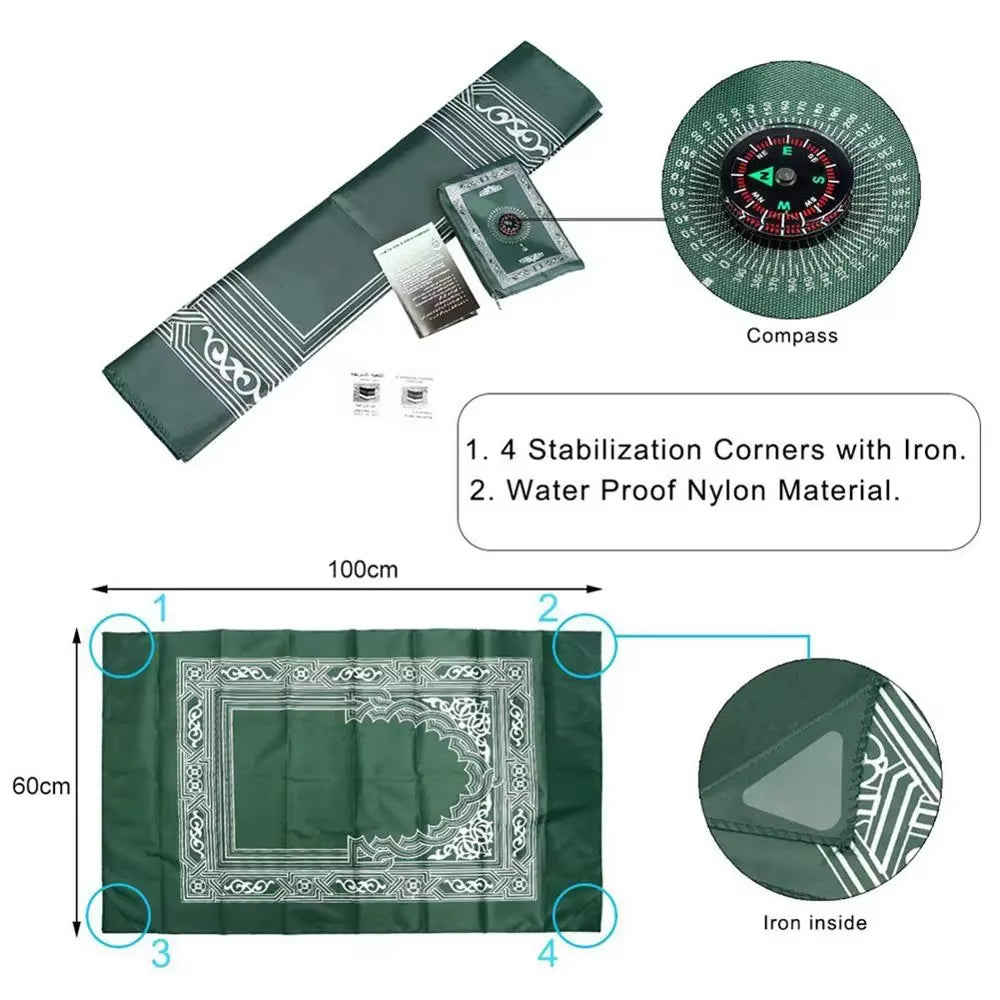 100X60Cm Useful Portable Prayer Rug with Compass Kneeling Poly Mat for Muslim Islam Waterproof Prayer Mat Carpet with Bag