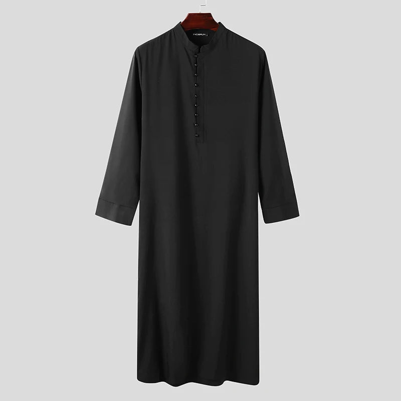 Muslim Men Jubba Thobe Long Sleeve Solid Color Breathable Robes 2023 Stand Collar Islamic Arabic Kaftan Men Abaya S-5XL