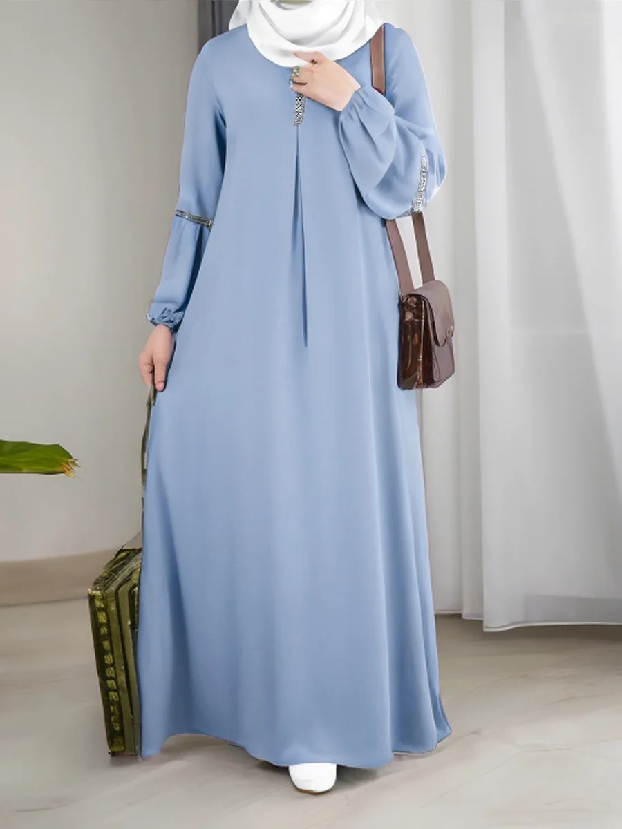 Modest Abaya Dress – Long Sleeve with Silver Trim Detail (Women’s Islamic Clothing)