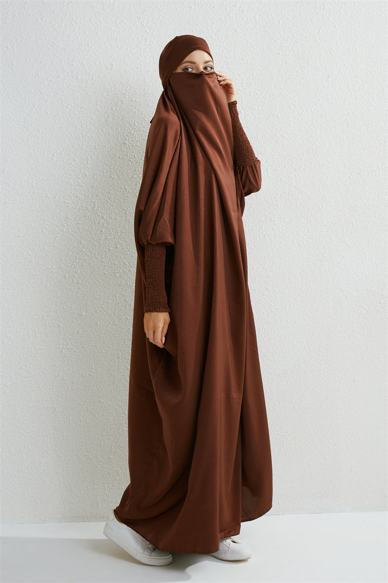 Hooded Abaya – Smocked Sleeve One-Piece Prayer Dress for Muslim Women