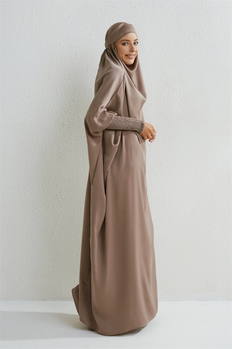 Hooded Abaya – Smocked Sleeve One-Piece Prayer Dress for Muslim Women