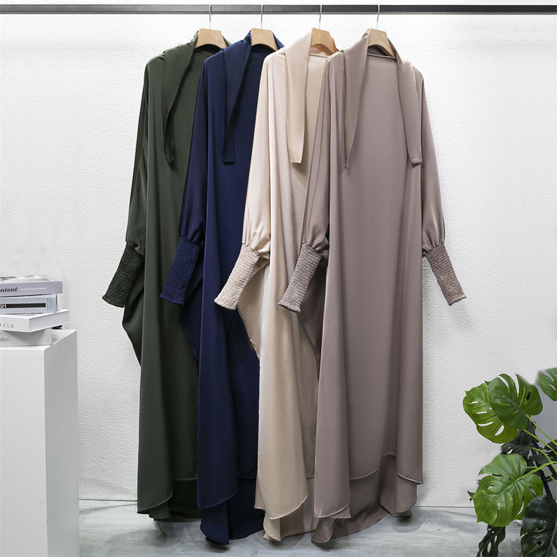 Hooded Abaya – Smocked Sleeve One-Piece Prayer Dress for Muslim Women