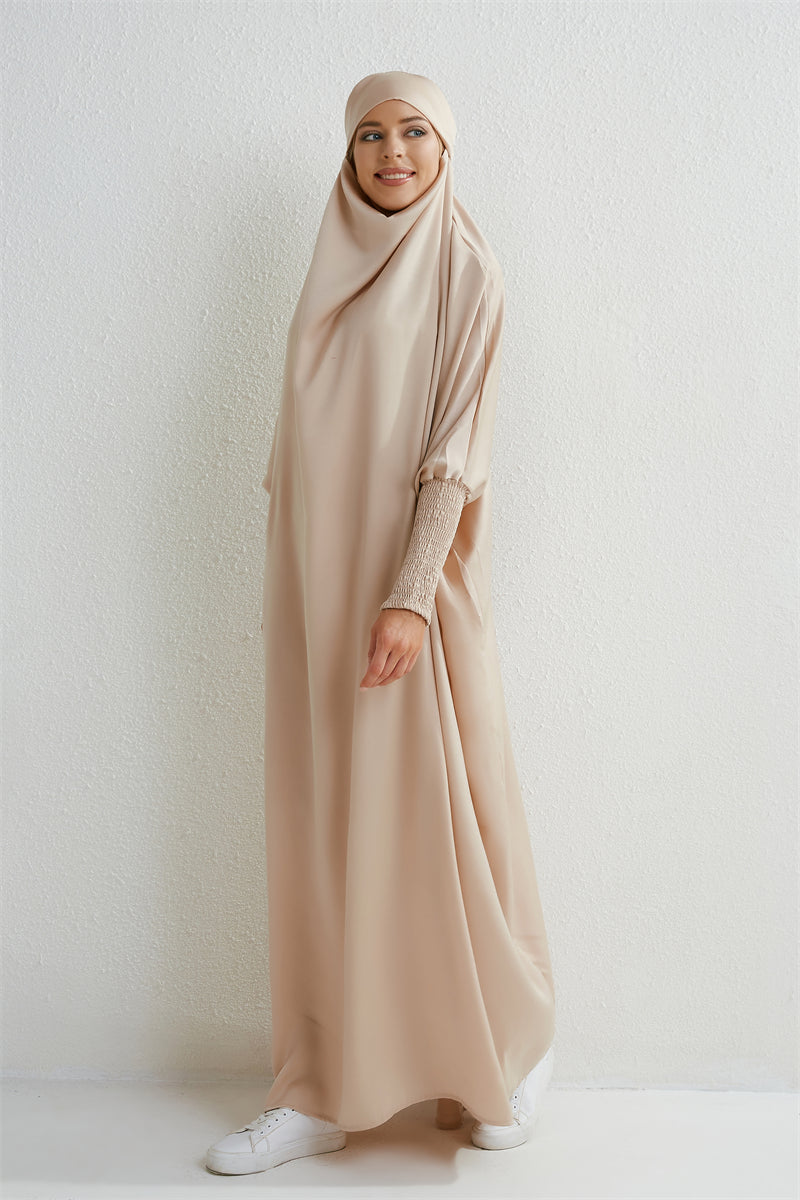 Hooded Abaya – Smocked Sleeve One-Piece Prayer Dress for Muslim Women