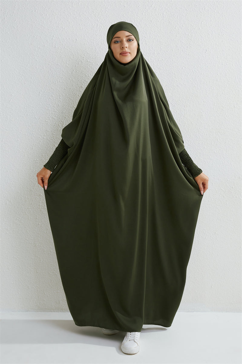 Hooded Abaya – Smocked Sleeve One-Piece Prayer Dress for Muslim Women