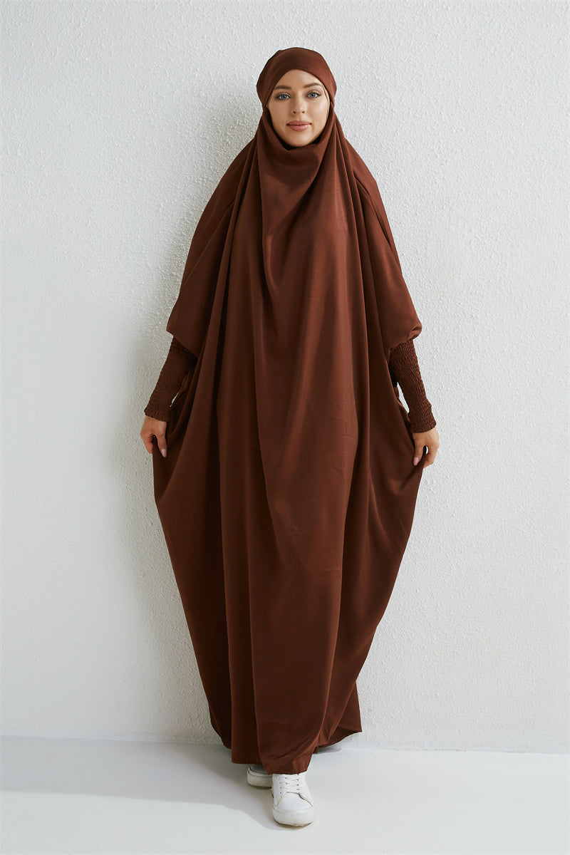 Hooded Abaya – Smocked Sleeve One-Piece Prayer Dress for Muslim Women