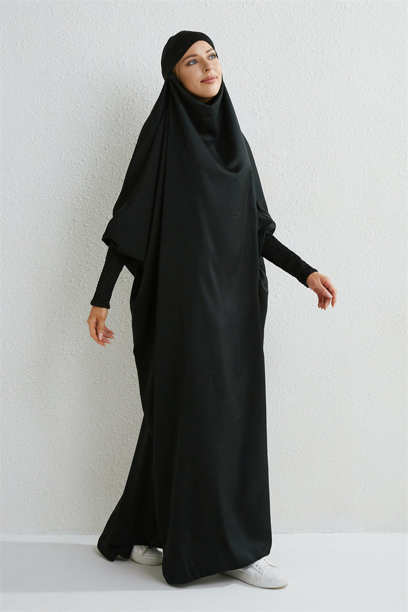 Hooded Abaya – Smocked Sleeve One-Piece Prayer Dress for Muslim Women
