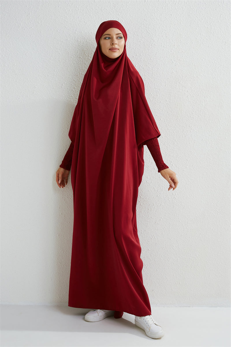 Hooded Abaya – Smocked Sleeve One-Piece Prayer Dress for Muslim Women