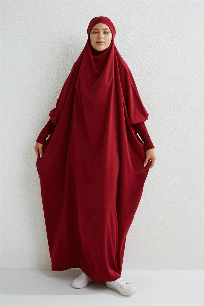 Hooded Abaya – Smocked Sleeve One-Piece Prayer Dress for Muslim Women