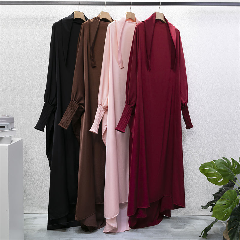 Hooded Abaya – Smocked Sleeve One-Piece Prayer Dress for Muslim Women