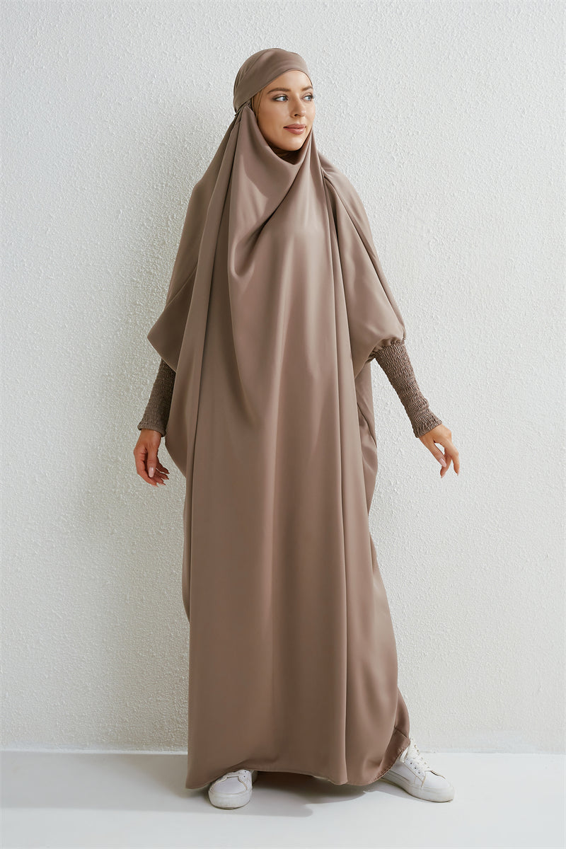 Hooded Abaya – Smocked Sleeve One-Piece Prayer Dress for Muslim Women