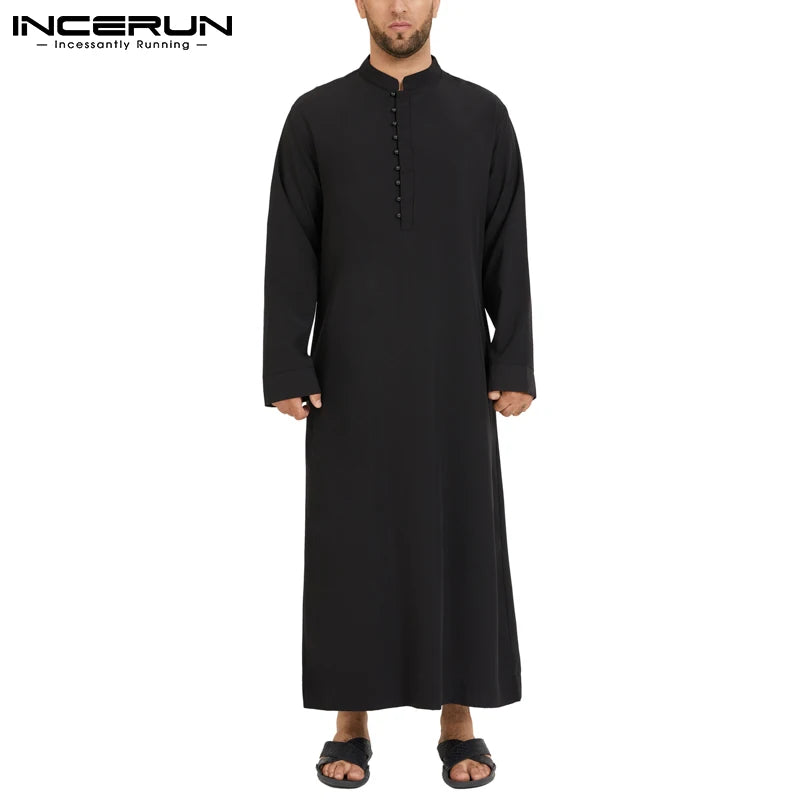 Muslim Men Jubba Thobe Long Sleeve Solid Color Breathable Robes 2023 Stand Collar Islamic Arabic Kaftan Men Abaya S-5XL