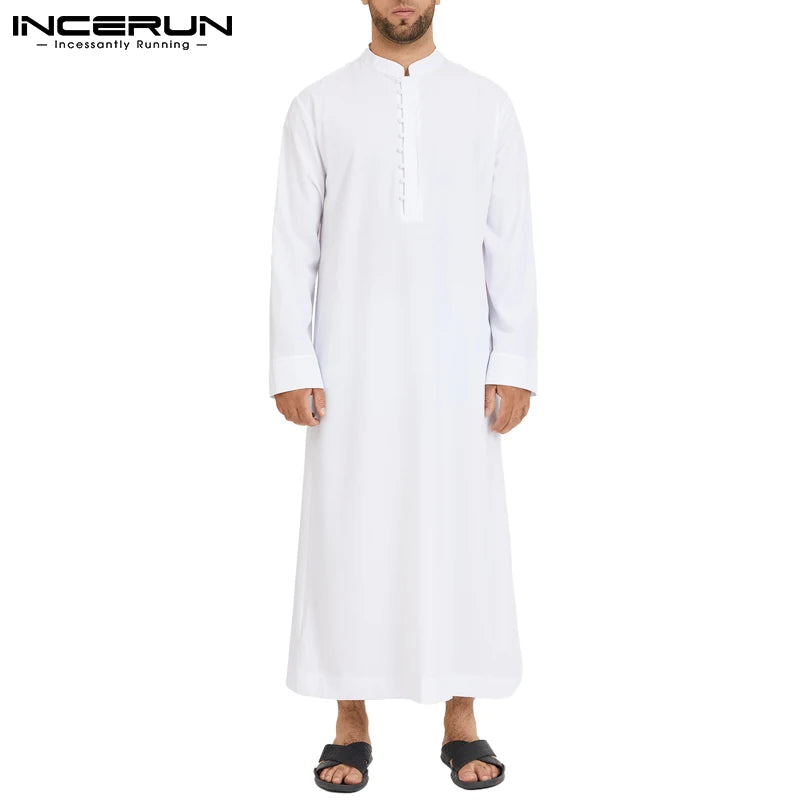 Muslim Men Jubba Thobe Long Sleeve Solid Color Breathable Robes 2023 Stand Collar Islamic Arabic Kaftan Men Abaya S-5XL