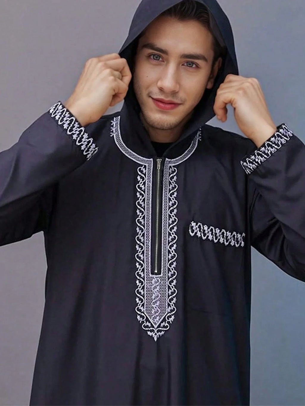 Moroccan Hooded Robe Luxury Men'S Embroidered Long Sleeve Side Pocket Muslim Garment Abaya Middle East Juba Thobe Robe