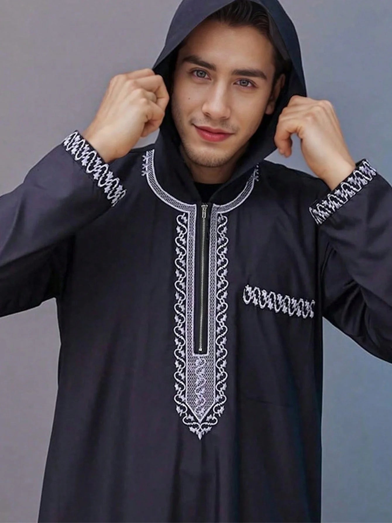 Moroccan Hooded Robe Luxury Men'S Embroidered Long Sleeve Side Pocket Muslim Garment Abaya Middle East Juba Thobe Robe