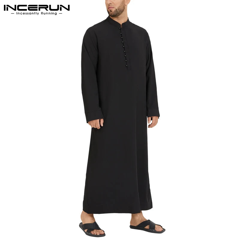 Muslim Men Jubba Thobe Long Sleeve Solid Color Breathable Robes 2023 Stand Collar Islamic Arabic Kaftan Men Abaya S-5XL