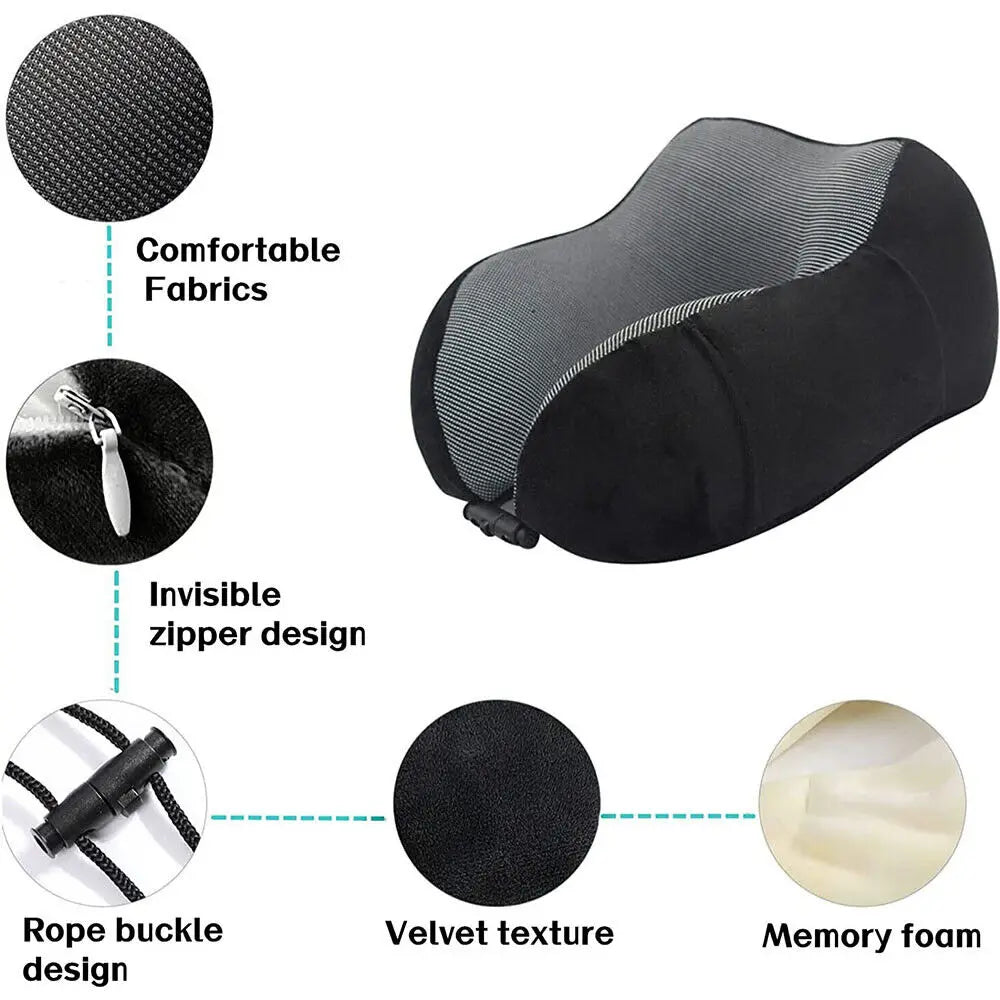 Memory Foam Travel Pillow Neck Support Cushion without Carry Bag Ear Plugs Mask