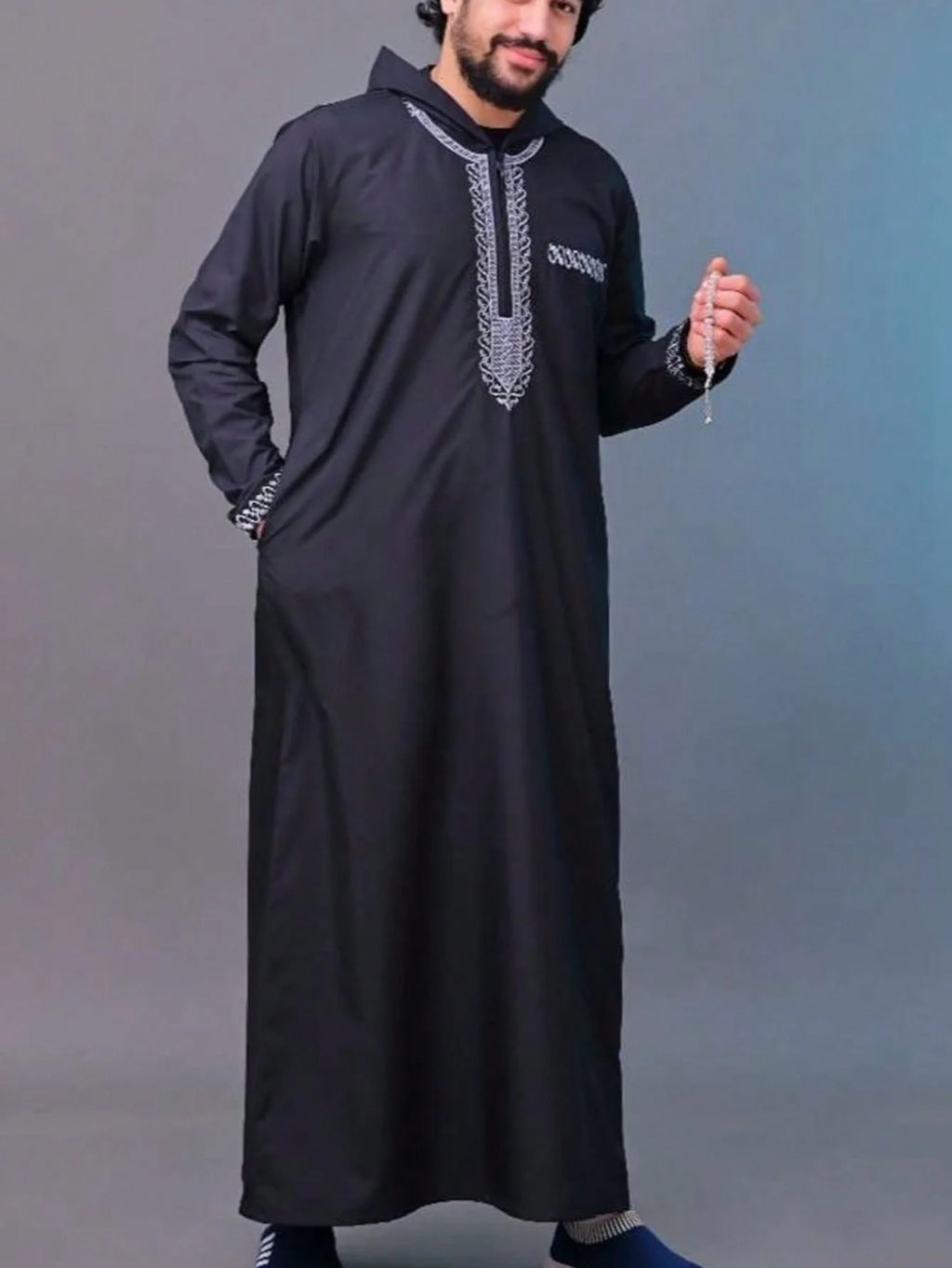Moroccan Hooded Robe Luxury Men'S Embroidered Long Sleeve Side Pocket Muslim Garment Abaya Middle East Juba Thobe Robe
