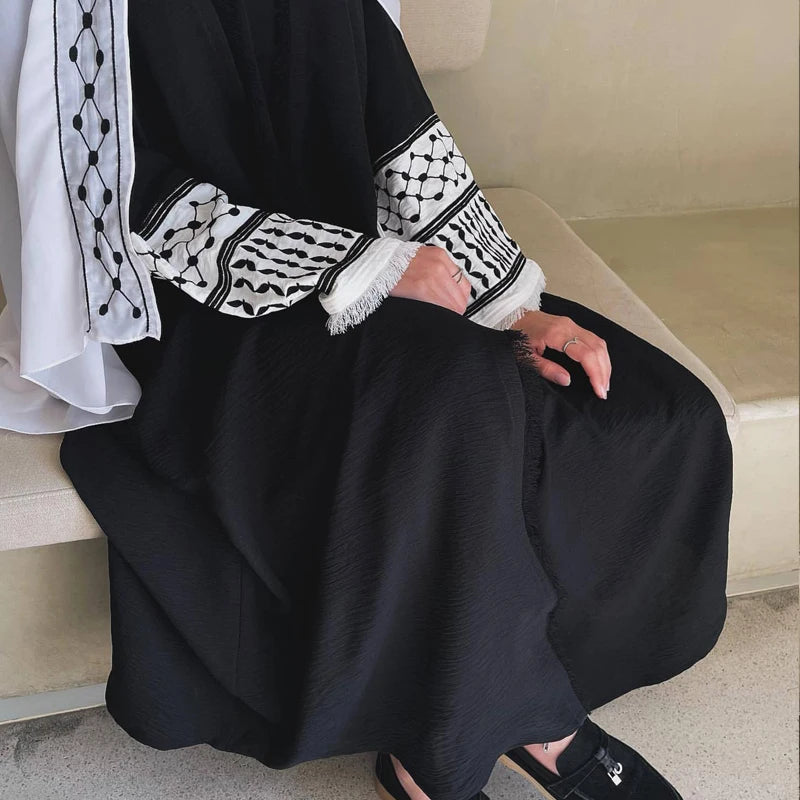 2024 Wrinkle Soft Crepe Embroidery Muslim Kefiyyeh Abaya Ramadan Tassel Dubai Abaya Women Muslim Dress Modest Islamic Clothing